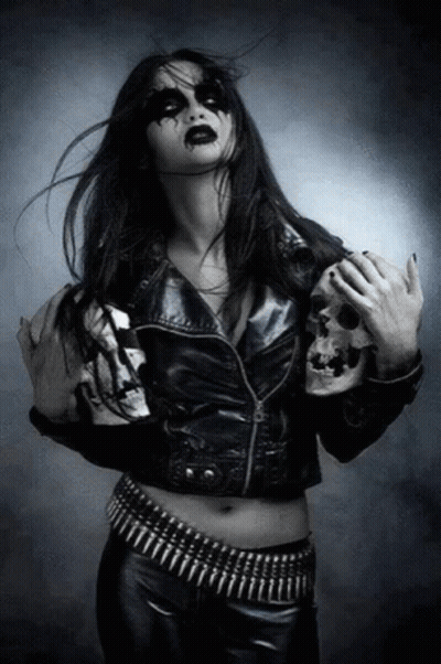 Woman In Black Leather Jacket Holding Skull GIF