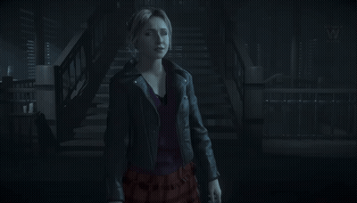 Woman In Black Leather Jacket Standing In Front Of Stairs GIF
