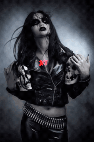 Woman In Black Leather Jacket With Skull Sleeve GIF