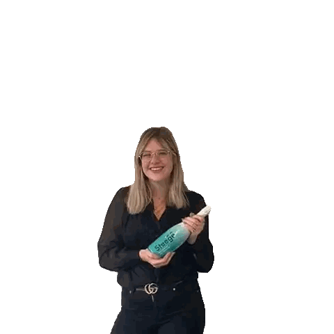 Woman In Black Shirt Holding Blue Shampoo Sticker