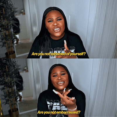 Woman In Black Shirt Saying Are You Not Embarrassed GIF