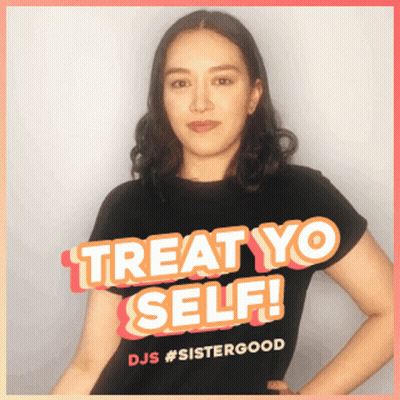 Woman In Black T-Shirt Saying Treat Yo Self GIF