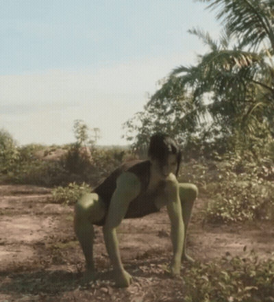 Woman In Black Tank Top And Green Tights Crawling In Dirt GIF