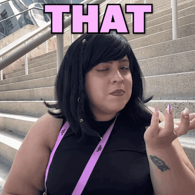 Woman In Black Top And Purple Lanyard Saying That GIF