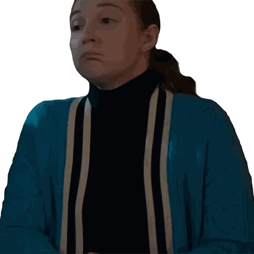 Woman In Black Turtleneck And Blue Cardigan Looks Sad Sticker