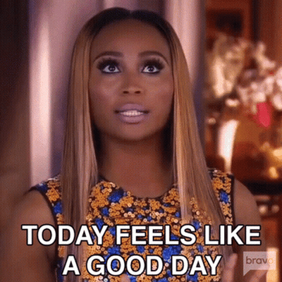Woman In Blue And Gold Sequined Dress Says Today Feels Like A Good Day GIF