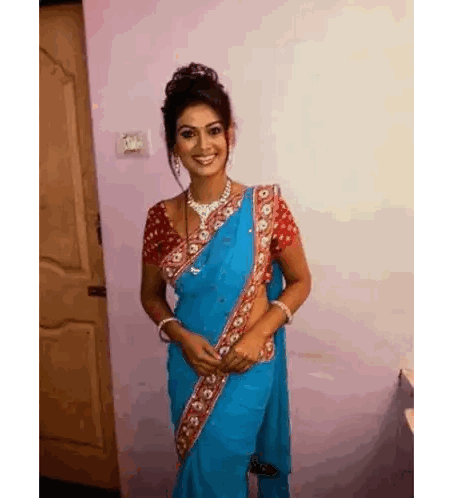 Woman In Blue And Red Saree Smiling Sticker