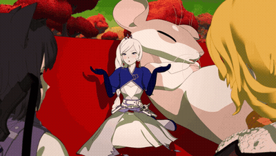 Woman In Blue And White Dress Next To Rabbit GIF