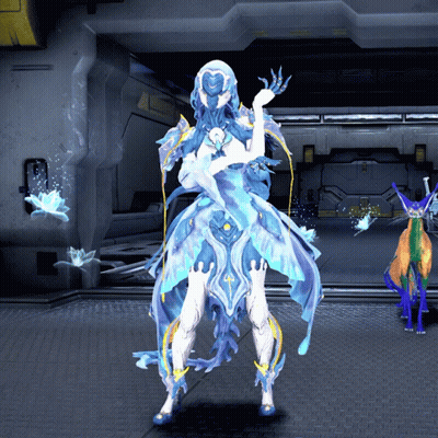 Woman In Blue And White Dress Standing In Hallway GIF