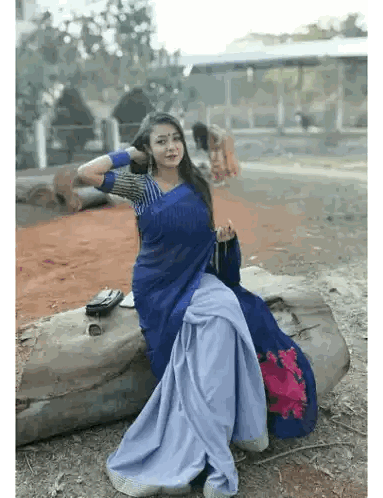 Woman In Blue And White Saree Sitting Sticker