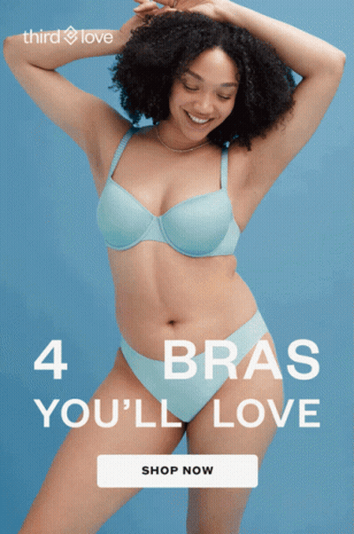 Woman In Blue Bra And Underwear Saying 4 Bras You'll Love GIF