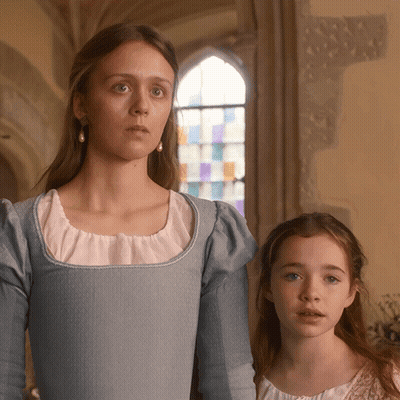 Woman In Blue Dress And Girl In White Dress GIF