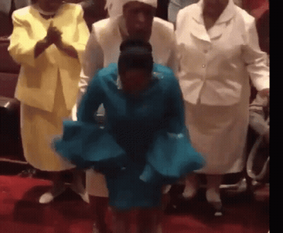Woman In Blue Dress Dancing In Church With Women GIF