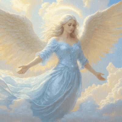 Woman In Blue Dress Flying Through Clouds With White Wings GIF