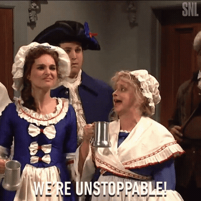 Woman In Blue Dress Holding Beer Mug Says We're Unstoppable GIF