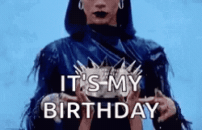 Woman In Blue Dress Holding Birthday Cake Says It's My Birthday GIF