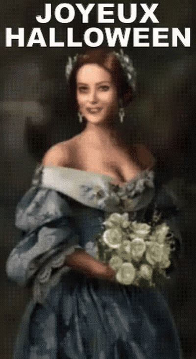 Woman In Blue Dress Holding Flowers And Joyeux Halloween Sign GIF