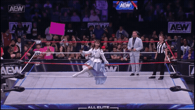 Woman In Blue Dress Holding Pink Sign In Wrestling Ring GIF