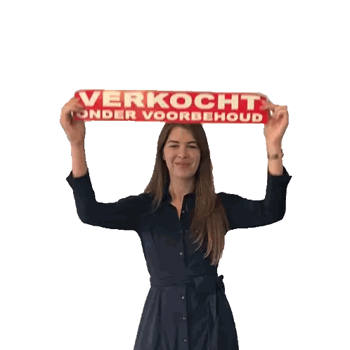 Woman In Blue Dress Holding Verkocht Onder Voorbehoud Sign Sticker