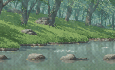 Woman In Blue Dress Jumping Over Stream GIF