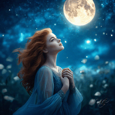 Woman In Blue Dress Looking At Full Moon GIF
