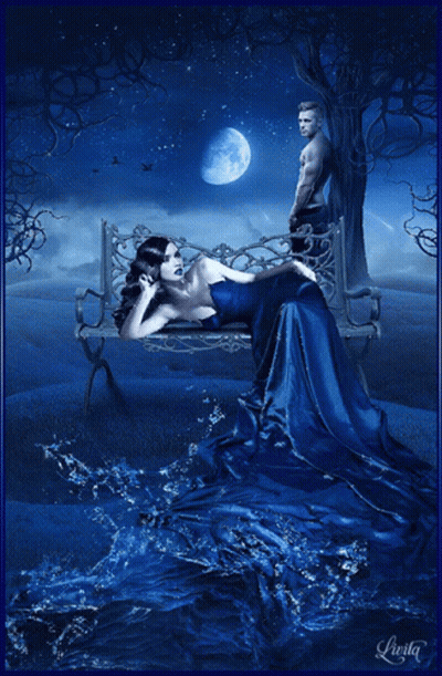 Woman In Blue Dress Lying On Bench GIF
