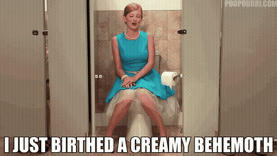 Woman In Blue Dress On Toilet I Just Birthed A Creamy Behemott GIF