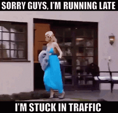 Woman In Blue Dress Running Late In Traffic GIF