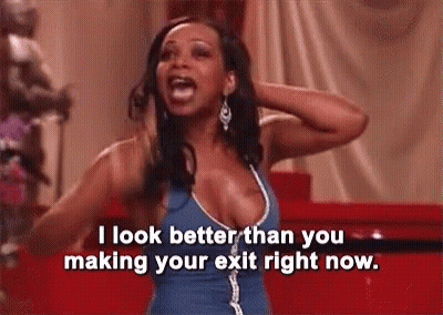 Woman In Blue Dress Saying I Look Better Than You Making Your Exit Right Now GIF