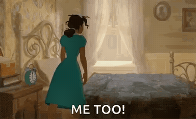 Woman In Blue Dress Saying Me Too By Bed GIF