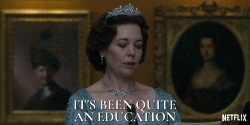 Woman In Blue Dress Says It's Been Quite An Education In Front Of Painting GIF