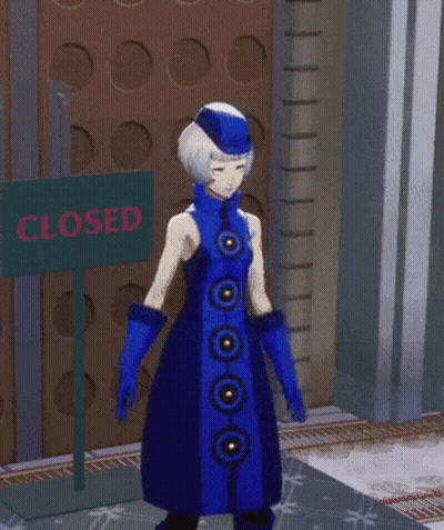 Woman In Blue Dress Standing Before Closed Sign GIF