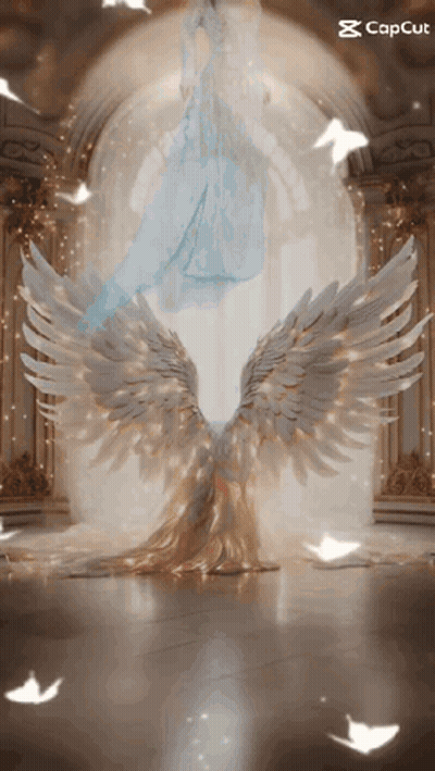 Woman In Blue Dress Surrounded By Angel Wings Capcut GIF