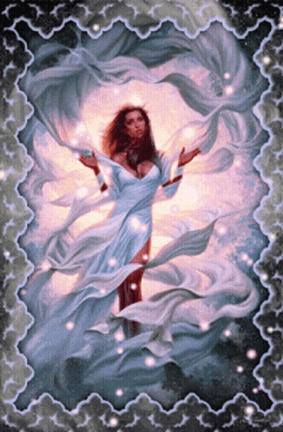 Woman In Blue Dress Surrounded By Stars GIF