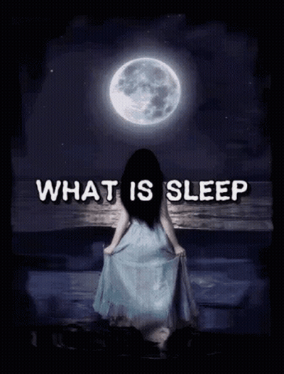 Woman In Blue Dress Under Full Moon Saying What Is Sleep GIF