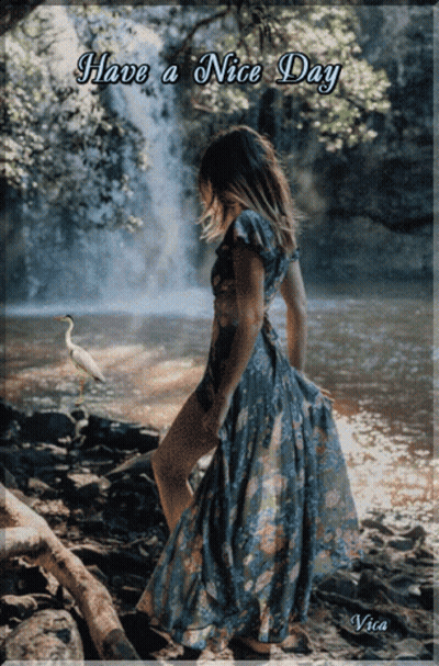 Woman In Blue Dress Waterfall Saying Have A Nice Day GIF