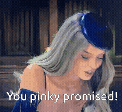 Woman In Blue Hat And Dress Saying You Pinky Promised GIF