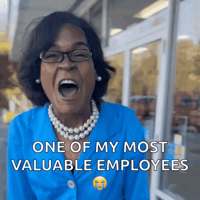 Woman In Blue Jacket And Pearls Screaming One Of My Most Valuable Employees GIF