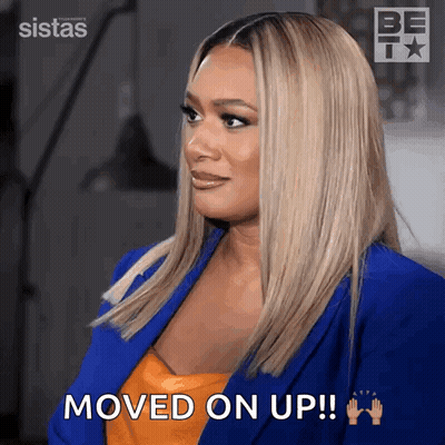 Woman In Blue Jacket Says Moved On Up GIF