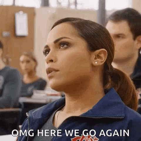 Woman In Blue Jacket Says Omg Here We Go Again GIF