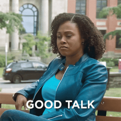 Woman In Blue Jacket Sitting On Bench Good Talk GIF