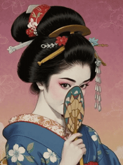 Woman In Blue Kimono Holding Fan GIF
