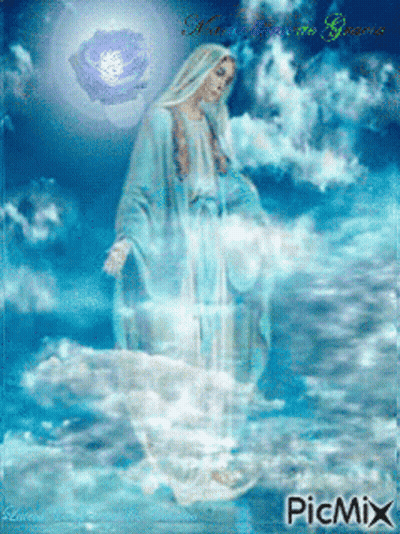 Woman In Blue Robe Standing In Clouds With Purple Flower GIF