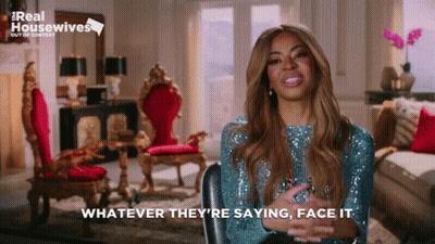 Woman In Blue Sequined Top Saying Whatever They're Saying Face It GIF