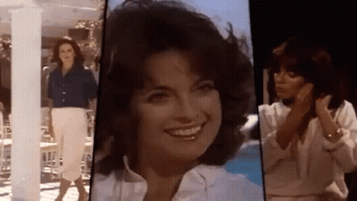Woman In Blue Shirt And White Pants Smiling In Collage GIF