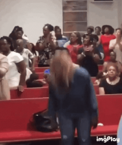 Woman In Blue Shirt Before Church Crowd GIF