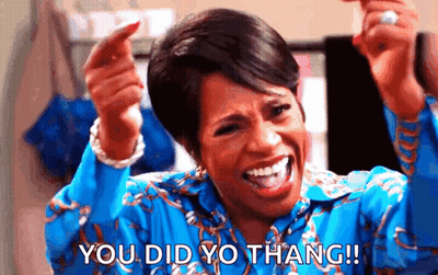 Woman In Blue Shirt Laughing And Pointing Saying You Did Yo Thang GIF