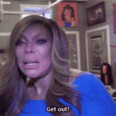 Woman In Blue Shirt Screaming Get Out GIF