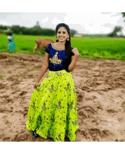 Woman In Blue Top And Green Skirt Sticker