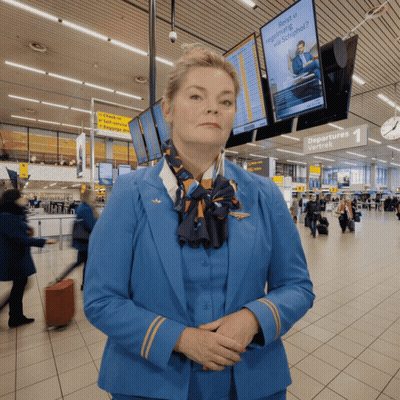 Woman In Blue Uniform At Departures Sign GIF